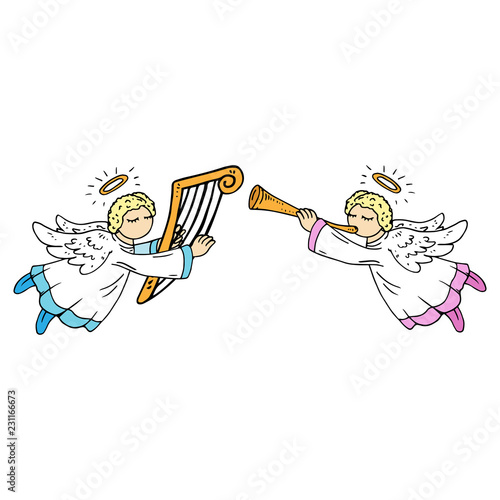 Angel icon. Vector illustration of a cute angels with lyre and harp. Hand drawn little angel.