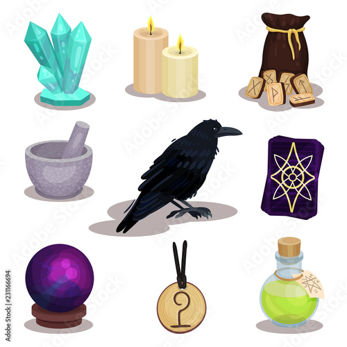 Flat vector set of icons related to divination theme. Mystical items. Magic sphere candles, wooden runes, raven, tarot cards