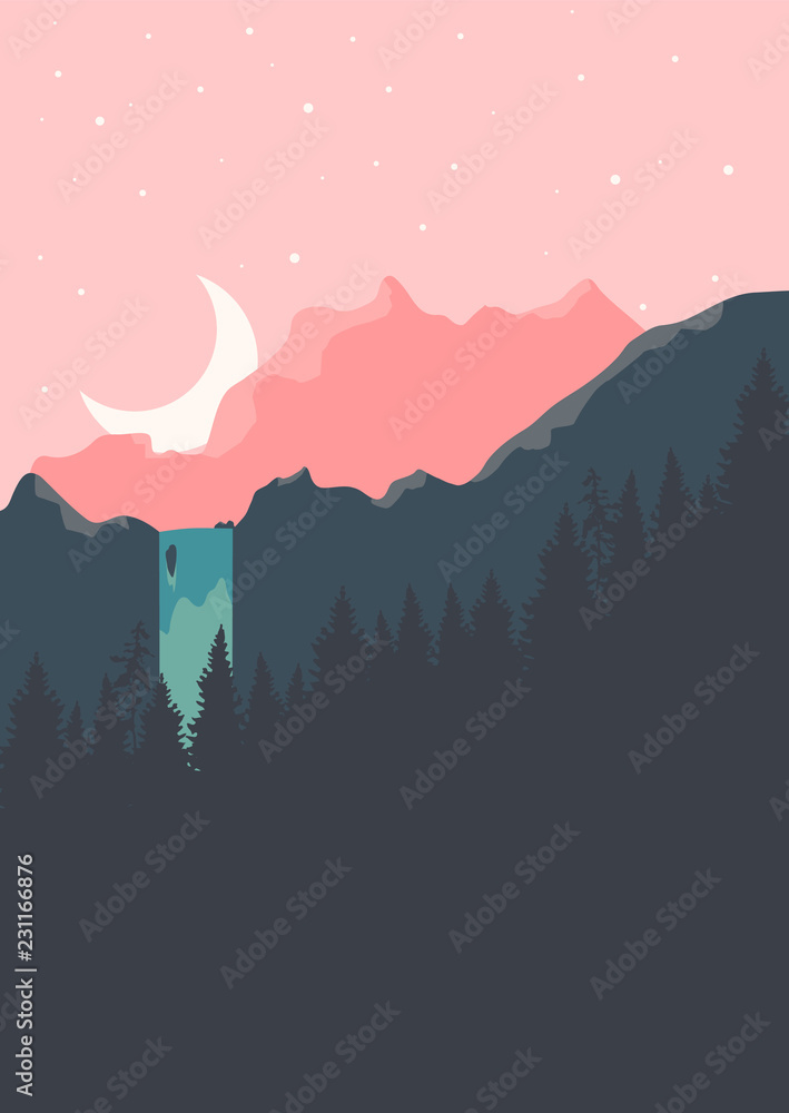 Beautiful vector landscape with waterfall, moon and mountains. - obrazy, fototapety, plakaty 