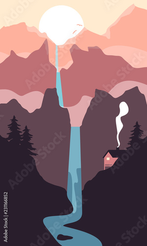Vector landscape on the background of mountains with waterfall and house.