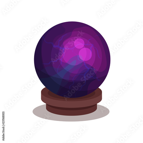 Purple crystal ball on wooden stand. Sphere for divination and magic ritual. Flat vector for children book or mobile game