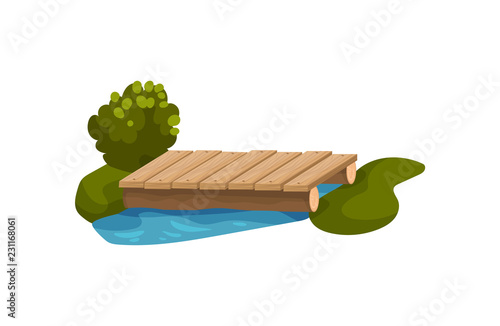Small bridge made of wood planks, blue pond, green tree, grass and bush. Object for park or backyard. Flat vector design