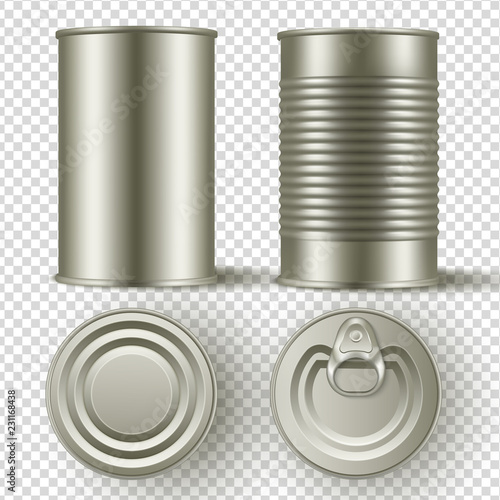 Realistic 3d tin can mock up set. Top and side view