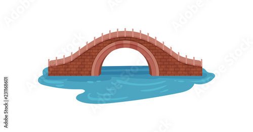 Old brick bridge over blue river. Arch footbridge. Landscape element for city park. Architecture theme. Flat vector design