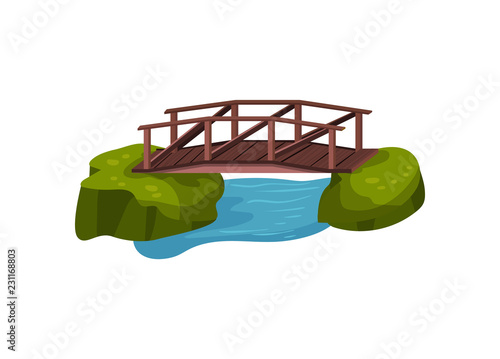 Small wooden bridge over blue pond or river. Outdoor object for city park. Cartoon landscape design. Flat vector illustration