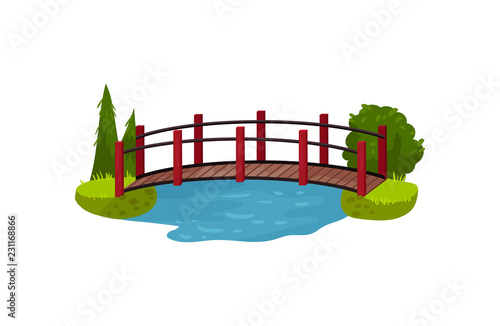 Wooden bridge over blue pond or river. Timber footbridge, green trees, bush and grass. Landscape element. Flat vector design