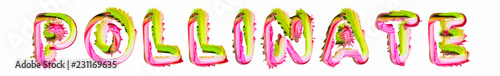 Pollinate - pink and green text written on white background