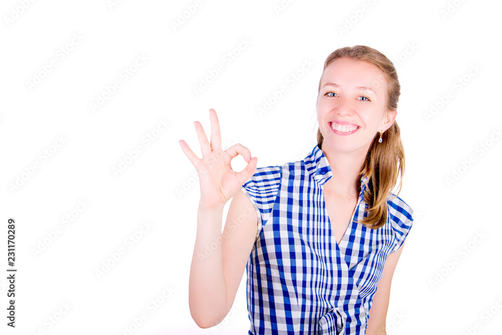 Shy optimist and self confident office female woman girl adult smiling and shows Shy optimist and self confident office female woman girl adult smiling and shows
