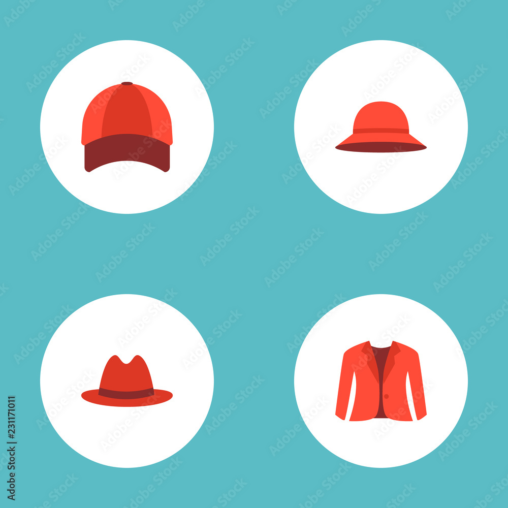Set of dress icons flat style symbols with panama, jacket, woman hat ...
