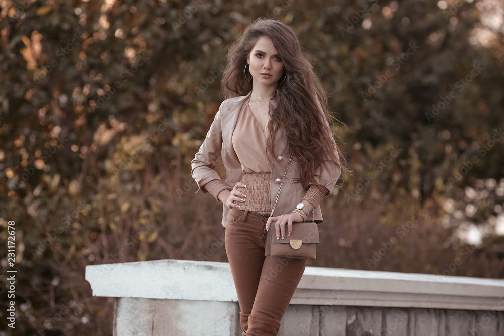 consultant Tijd Verrijking Beautiful stylish woman. Fashion outfit, autumn trend. Young casual  brunette walking by cars in street. Fashion girl holding purse, wearing  brown trousers, pastel blouse and luxurious accessories. Stock Photo |  Adobe Stock