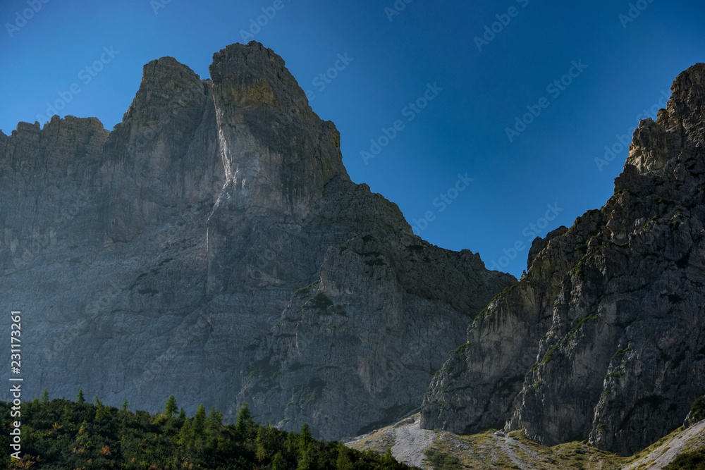 View on might peaks of the Friulian Dolomites mountains in the Italian Alps. Majestic alpine landscape
