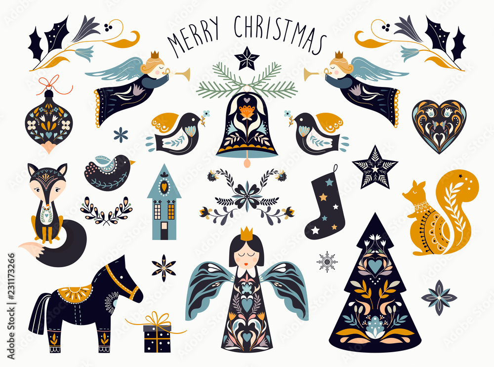 Christmas graphic elements collection in scandinavian style - obrazy, fototapety, plakaty 