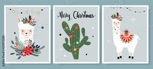 Christmas cards collection with llama, hand lettering and seasonal elements