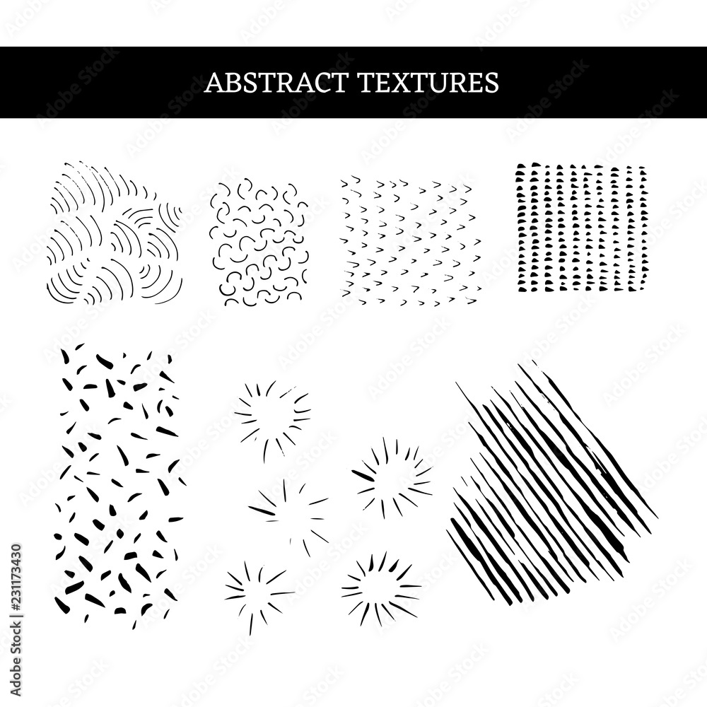 Grunge abstract textures set. Line, dots and check mark drawings. Black patterns collection. Simple hand drawn geometric shapes. Poster, banner, cover design elements. Isolated vector illustrations