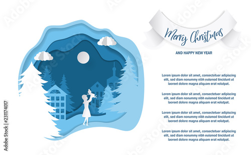 Winter landscape in paper style. Mountains, trees and houses. Layered cut out paper postcard. Vector illustration