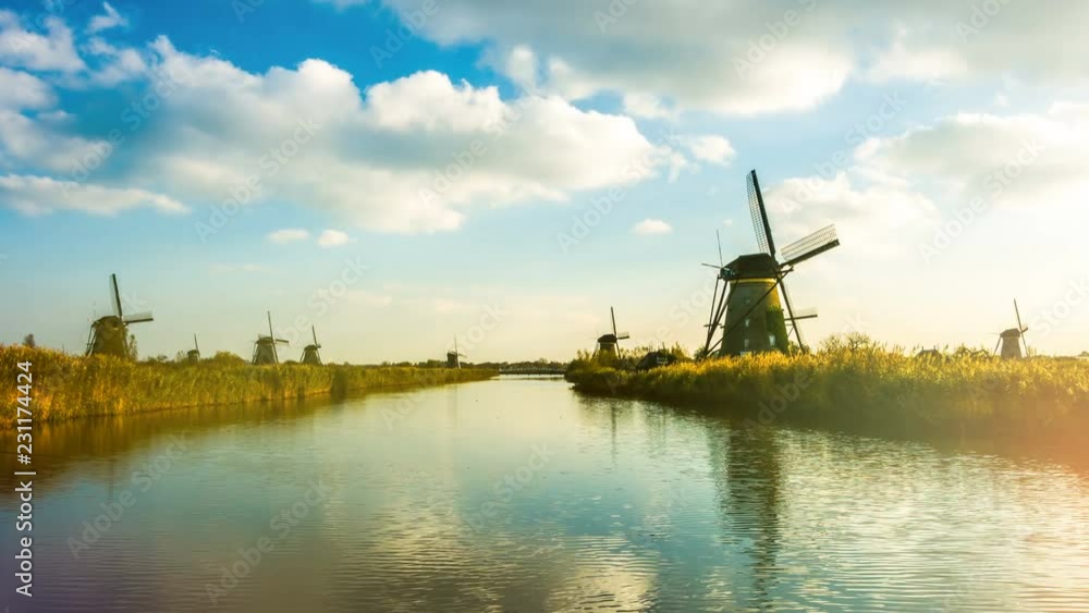 Canal with Dutch windmills, Netherlands. 4k Canal with Dutch windmills, Netherlands. 4k