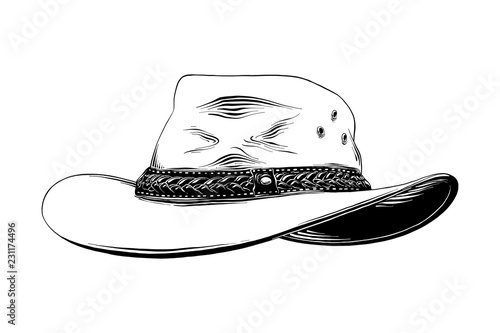 Vector engraved style illustration for posters, decoration and print. Hand drawn sketch of western cowboy hat in black isolated on white background. Detailed vintage etching style drawing.