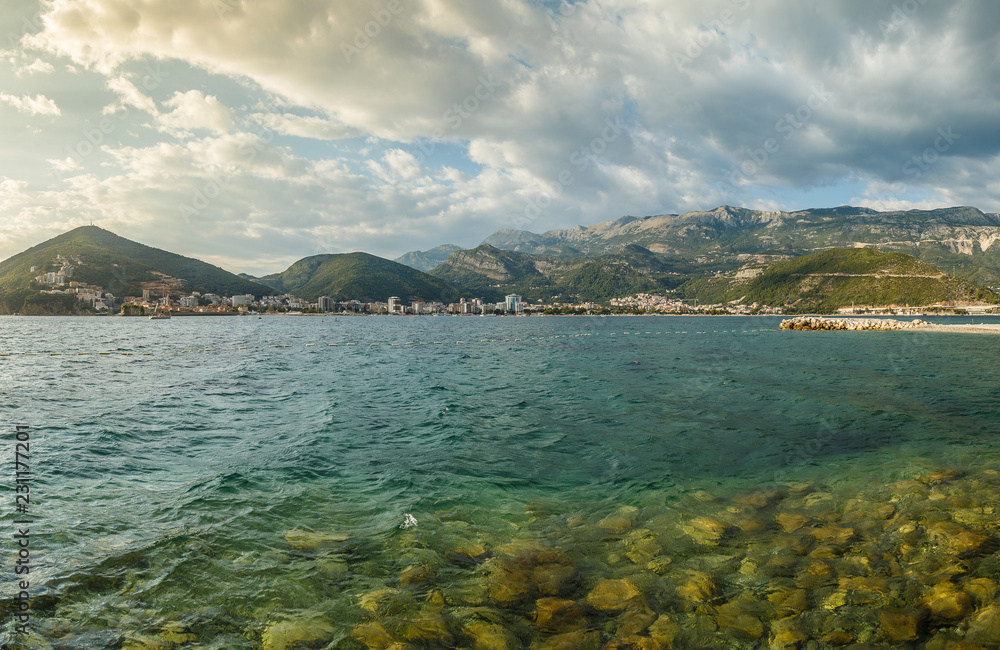 View of the city of Budva in Montenegro, cloudy summer day