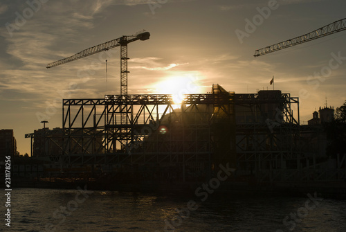 gruas, construcción, atardecer, puerto, cielo, industrias, edificio, silueta, mar, industrial, gruas, ciudad, sol, acuático, carga, agiotaje, atracar, orilla, bajel, noche, acero,, trabaj