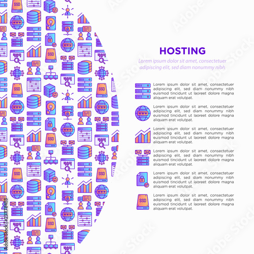 Hosting concept with thin line icons: VPS, customer support, domain name, automated backup, SSD, control panel, secure server, local network, SSL. Modern vector illustration for banner, print media.