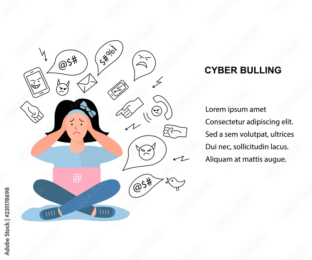 Obraz premium Vector illustration, sad teenage girl. Cyberbullying, trolling concept. Social network media community technology problems. Flat and line style.