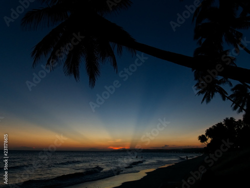 Sunset with silhouettes of palm trees over South China sea