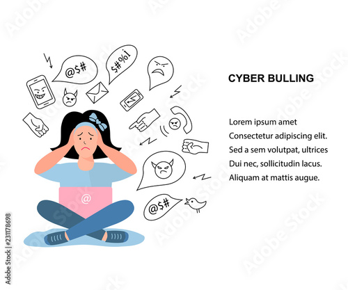 Vector illustration, sad teenage girl. Cyberbullying, trolling concept. Social network media community technology problems. Flat and line style.