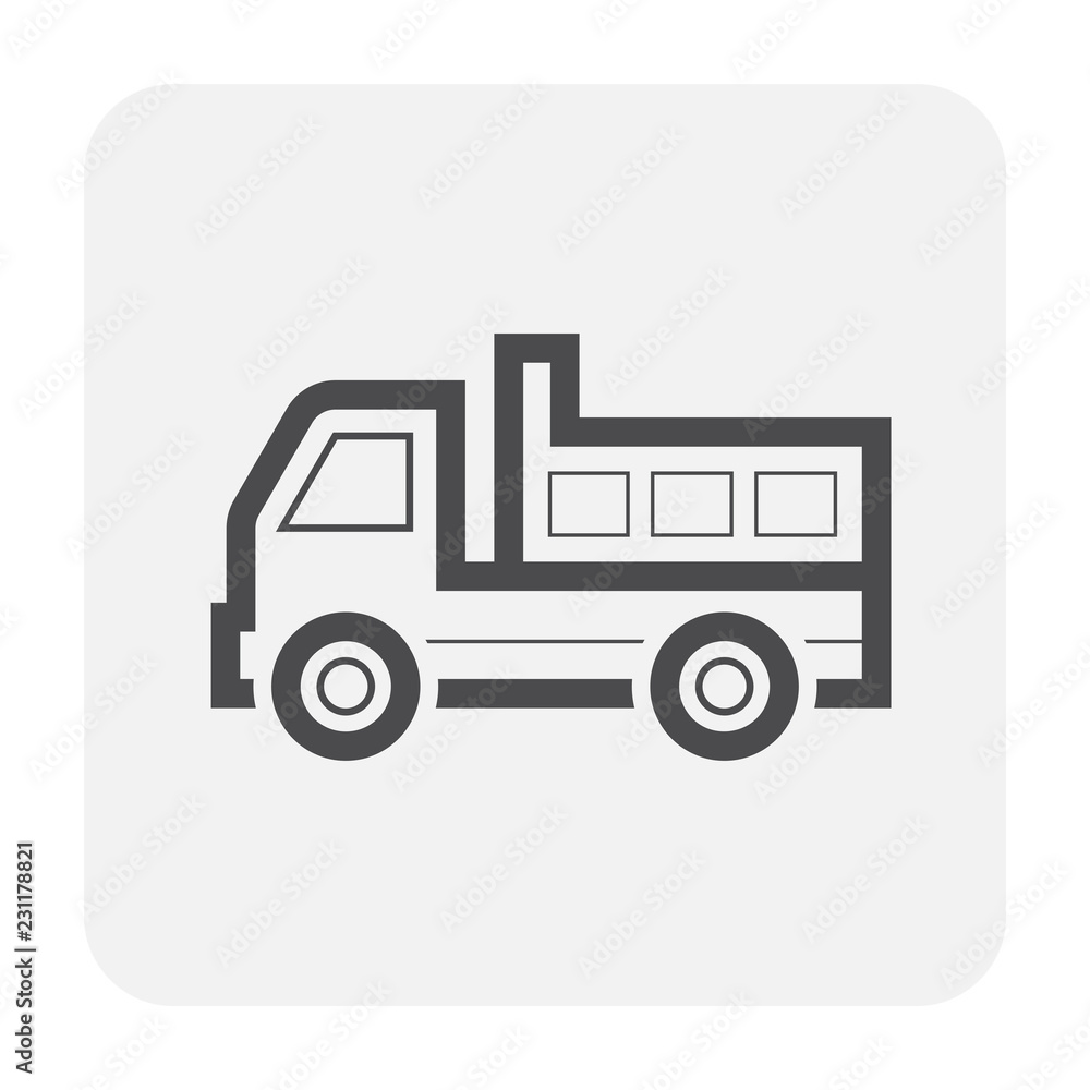 Dump truck vector icon. May called tipper truck, dumper trailer or tip lorry. Heavy machine equipment or vehicle for construction to load, unload, carrier, transport and delivery sand, rock and gravel