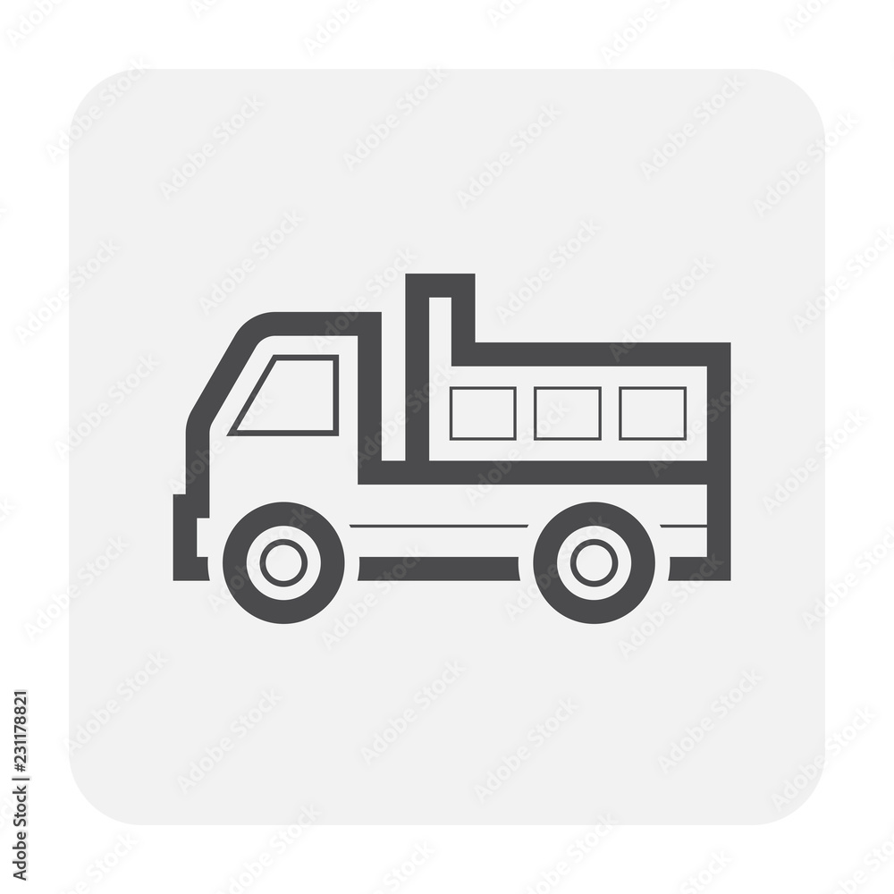Dump truck vector icon. May called tipper truck, dumper trailer or tip lorry. Heavy machine equipment or vehicle for construction to load, unload, carrier, transport and delivery sand, rock and gravel Dump truck vector icon. May called tipper truck, dumper trailer or tip lorry. Heavy machine equipment or vehicle for construction to load, unload, carrier, transport and delivery sand, rock and gravel