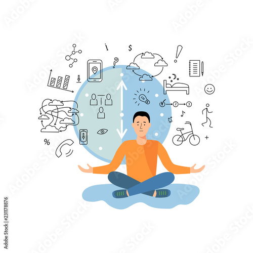 Person is balancing between work, getting information and rest, sport, other activities. Information and data overload concept. Flat and line design