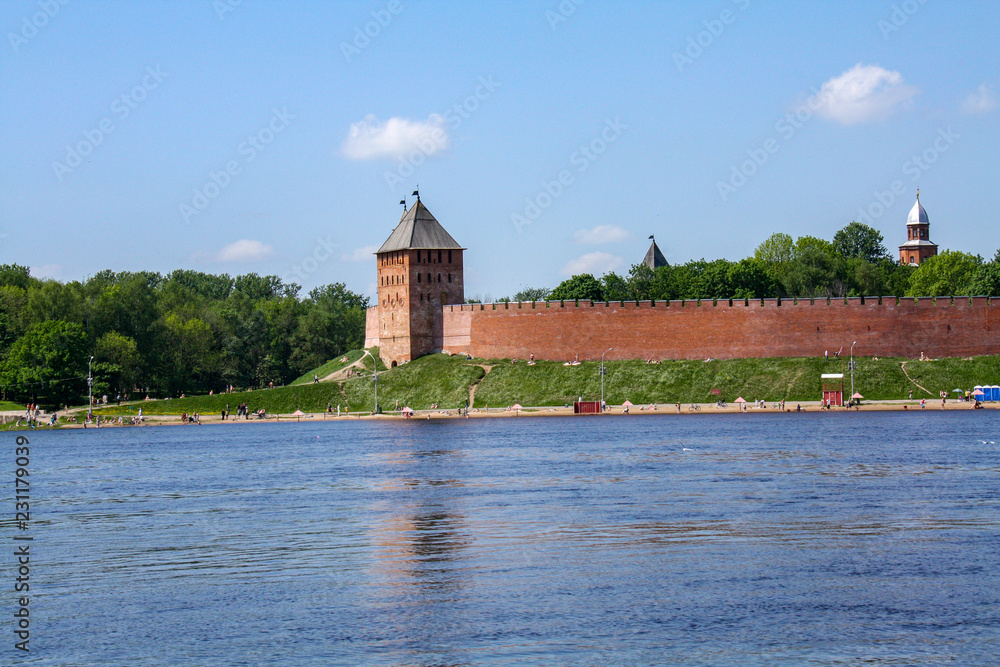 Fototapeta premium Veliky Novgorod. The river Volkhov, St. Sofia embankment, the walls of the Novgorod Kremlin and the Palace Tower