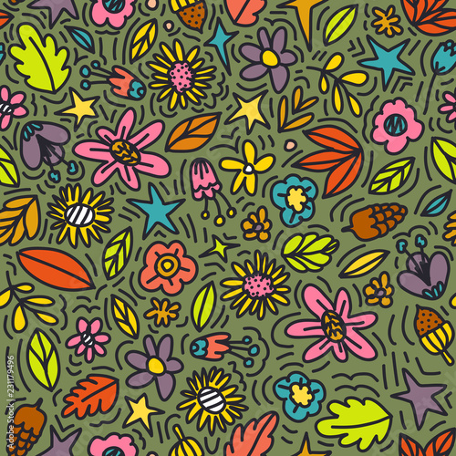 Seamless floral pattern with doodle flowers and leaves in autumn natural colors. Vector illustration. Trendy flowers for girly print. Hand drawn design.