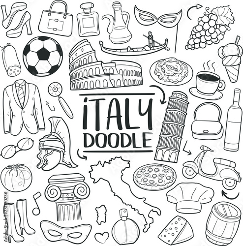 Italy Travel Traditional Doodle Icons Sketch Hand Made Design Vector photo
