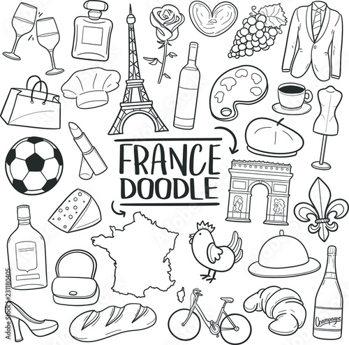 France Travel Traditional Doodle Icons Sketch Hand Made Design Vector