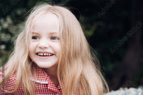 Perfect healthy hair. Little girl wear long hair. Small girl with blond hair. Happy little child with adorable smile. Small child happy smiling. Good laughs and Im happy