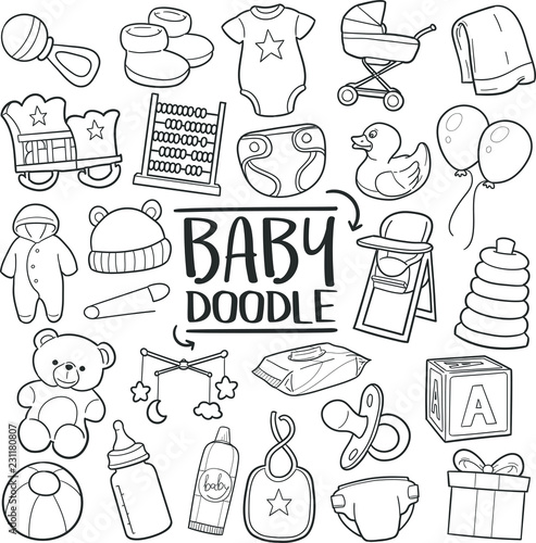 Baby New Born Traditional Doodle Icons Sketch Hand Made Design Vector