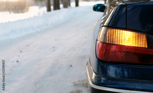 Close-up alarm flashes on the left side of the vehicle in winter park. Back view from the side.