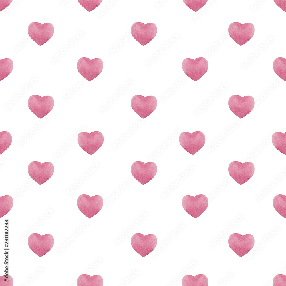 Valentines day seamless pattern with watercolor pink hearts , background for february 14 celebration