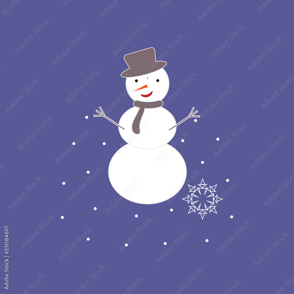 Obraz premium Snowman illustration on a purple snow background. Vector