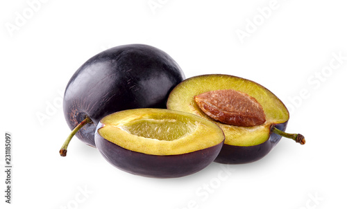 Plum with half on white background