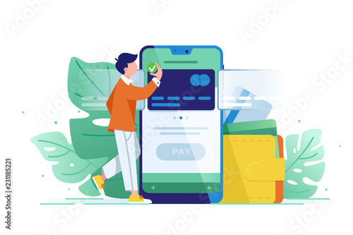 Young wealthy man pays card using mobile payment.