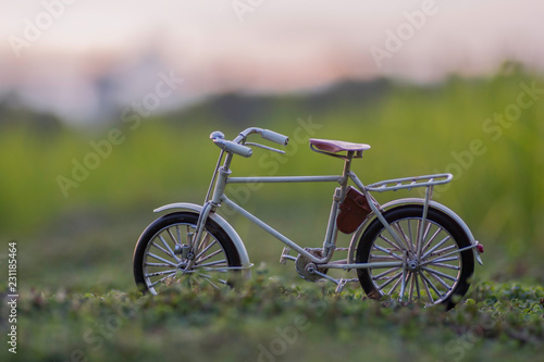 White bike in the field with the evening sky.