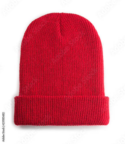 Red knit hat isolated on white.