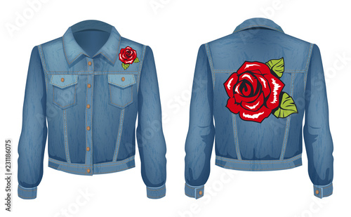 Jeans Jacket with Roses Patch Vector Illustration