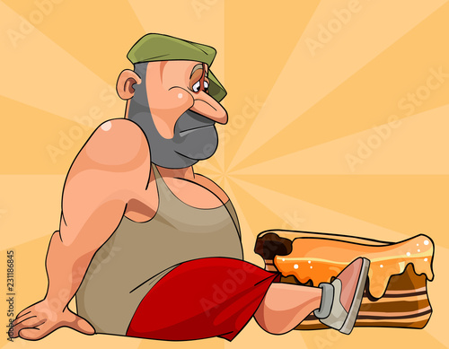 cartoon unfortunate fat man sitting in front of a big cake