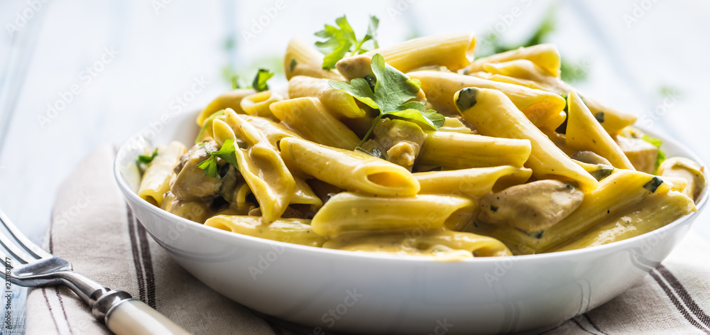 Pasta pene with chicken pieces mushrooms parmesan cheese sauce and herb  decoration. Pene con pollo - Italian or medierranean cuisine Stock Photo |  Adobe Stock