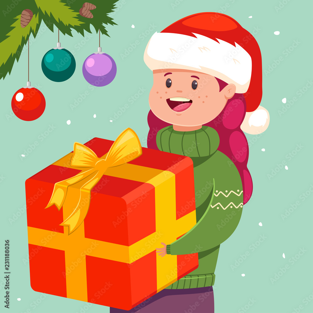 Cute girl with Christmas gift in Santa hat. Vector holiday illustration with happy kid character. Cute girl with Christmas gift in Santa hat. Vector holiday illustration with happy kid character.