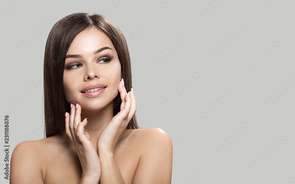 portrait of a beautiful woman, clean skin, healthy care, cream, smile, body. Shiny hair portrait of a beautiful woman, clean skin, healthy care, cream, smile, body. Shiny hair