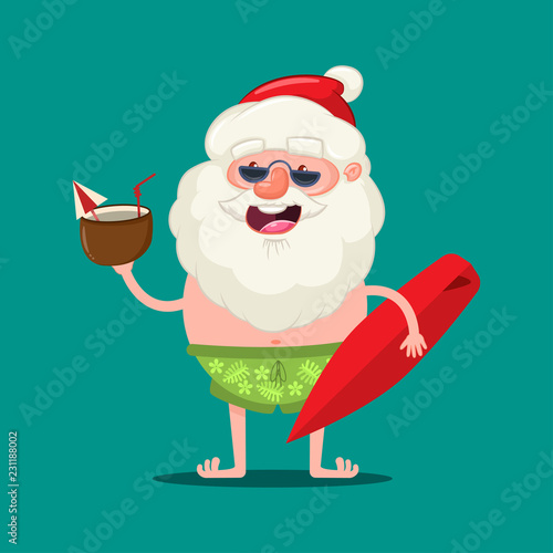 Summer Santa Claus in sunglasses and shorts with a coconut cocktail and surfboard. Vector Christmas cute cartoon character isolated on background.