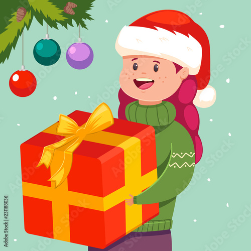 Cute girl with Christmas gift in Santa hat. Vector holiday illustration with happy kid character.